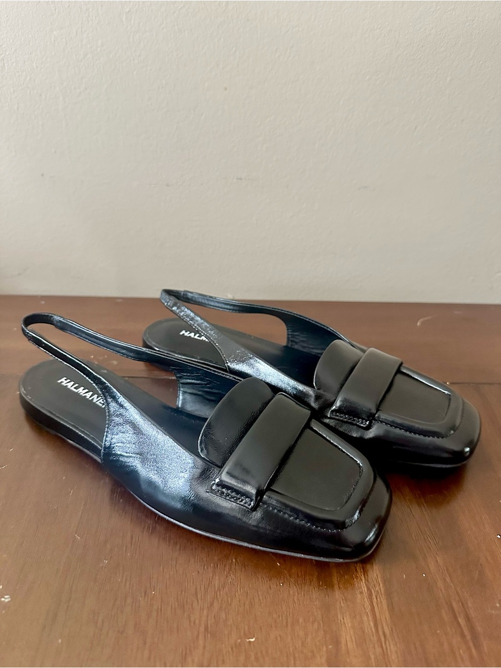 Halmanera Black Leather Slingback Loafers, Sz EU 38, US 7.5